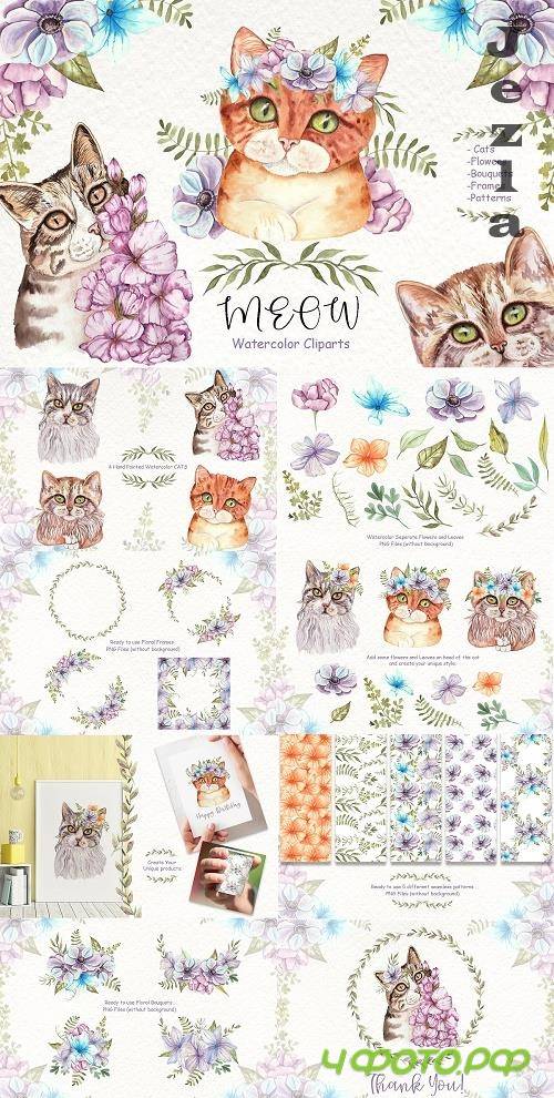 Watercolor Cats and Flowers - 4763761