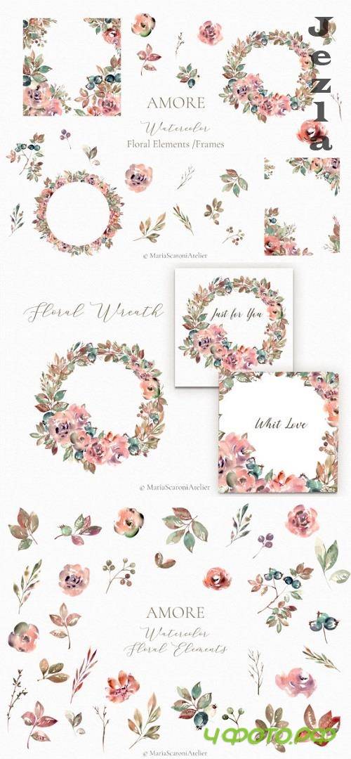 Amore - Watercolor Floral Elements and Frames Amore - Watercolor Floral Elements and Frames