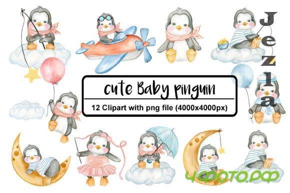 Set of Cute Penguin Watercolor