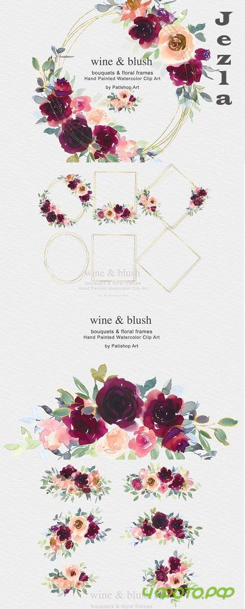 Wine & Blush Watercolor Clip Art Set - 4773740