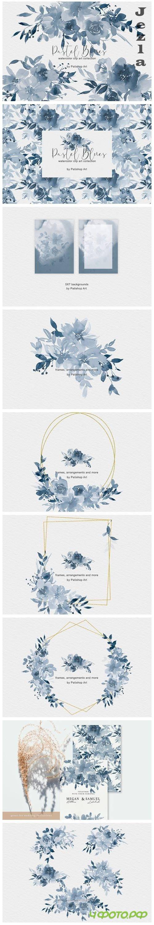 Pastel Blue Watercolor Floral Clip Art - 4787338