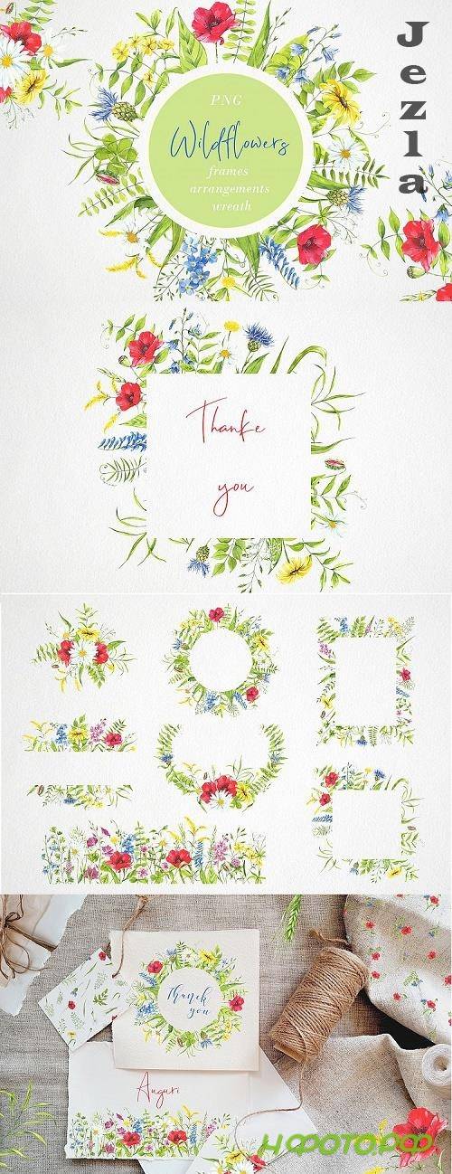 Watercolor flower clipart. Wildflowers, plants. flower frame - 536677