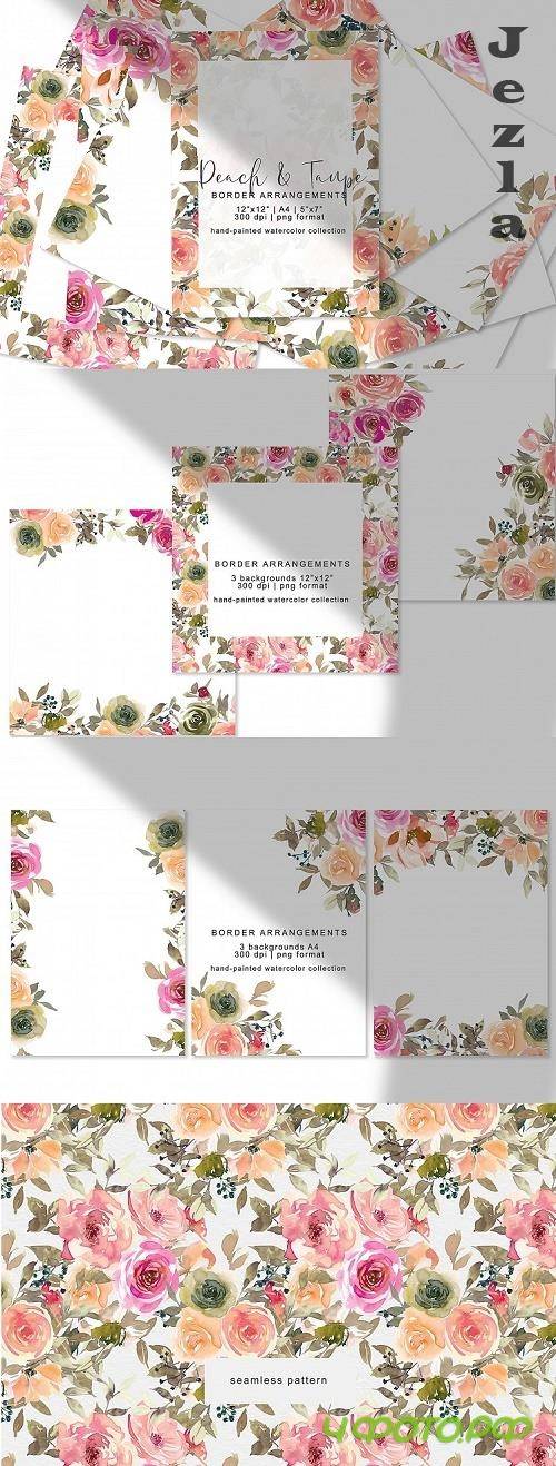 Peach and Taupe Watercolor Floral Border Arrangements - 538600