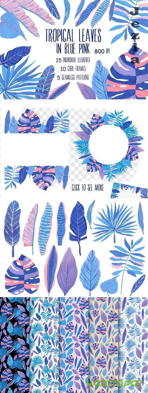 Tropical leaves in blue pink - 550795