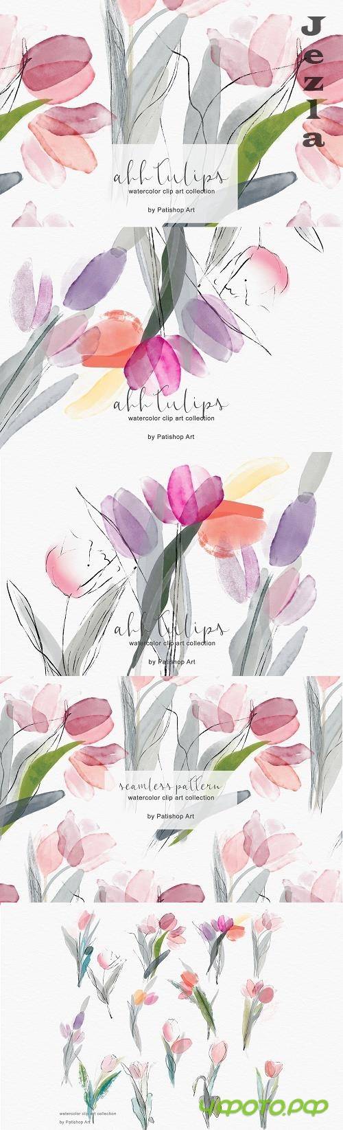 Delicate Watercolor Tulip Clipart Set - 4873212