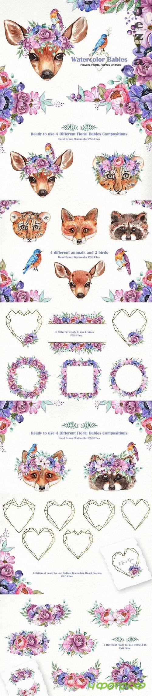 Watercolor Baby Animals and Flowers - 4889024