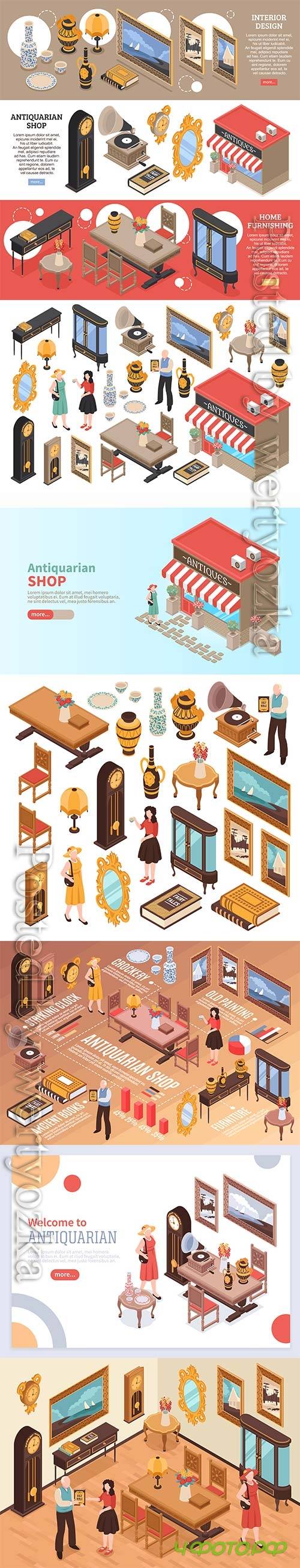 Antique shop isometric vector set of elements of vintage furniture