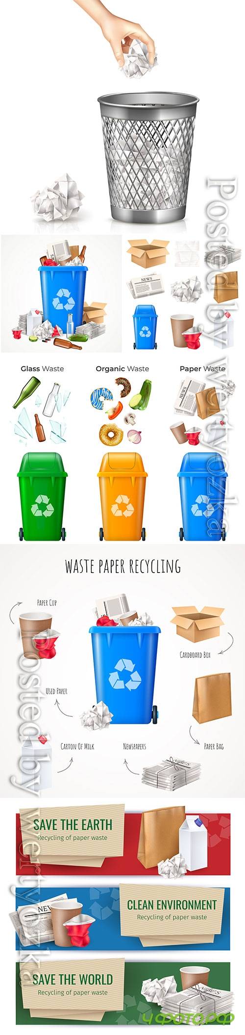 Trash and waste concept with food glass and paper realistic