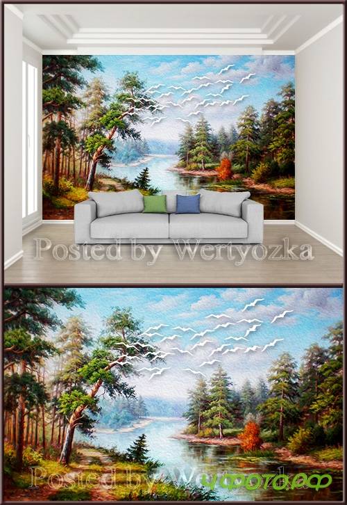 3D psd background wall beautiful hand painted oil painting landscape