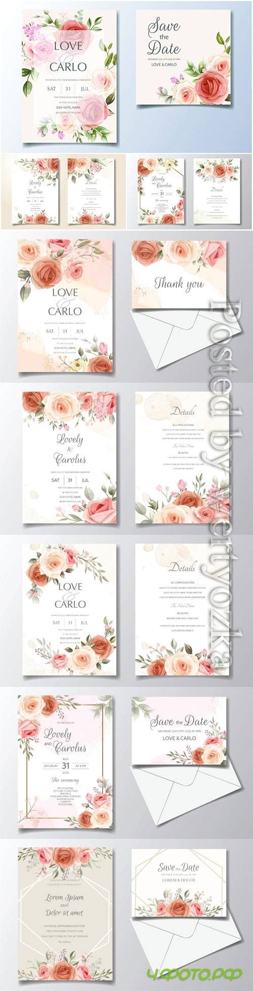 Wedding invitation card set template with beautiful floral frame