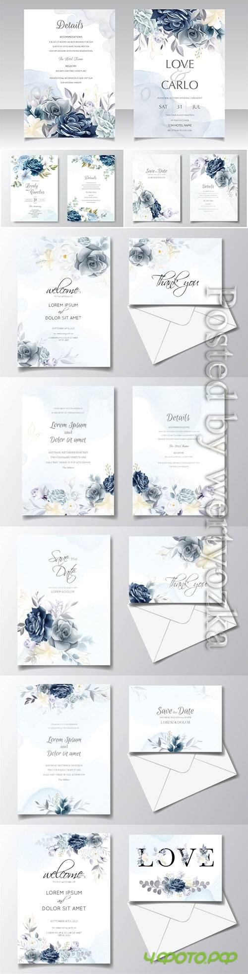 Navy blue floral wedding invitation card template with watercolor frame