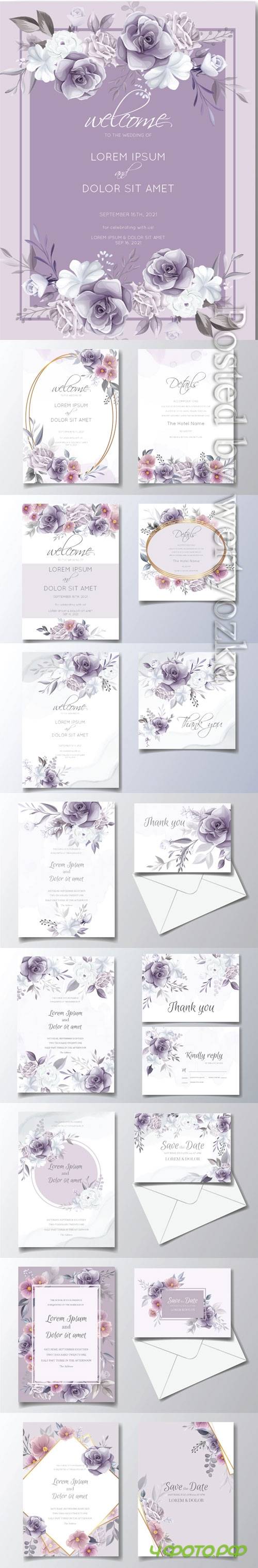 Romantic wedding invitation with beautiful rose and cosmos flower watercolor background
