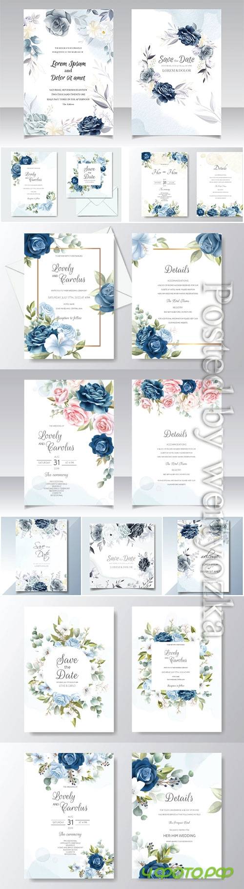 Wedding invitation card with with beautiful rose and green leaves template