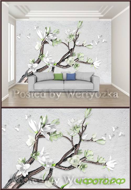 3D psd background wall magnolia butterfly