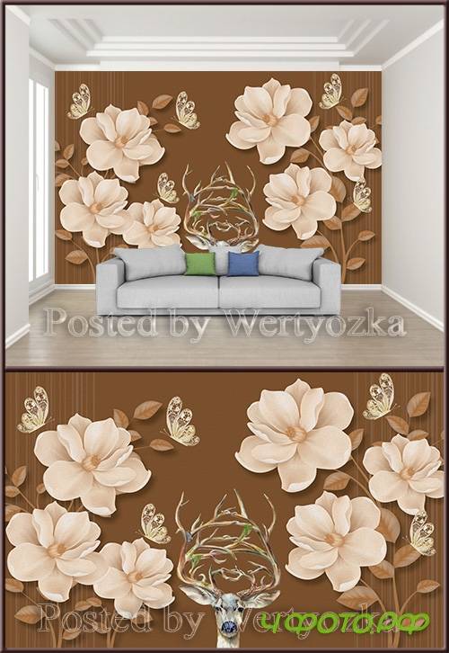 3D psd background wall beautiful flower butterfly deer