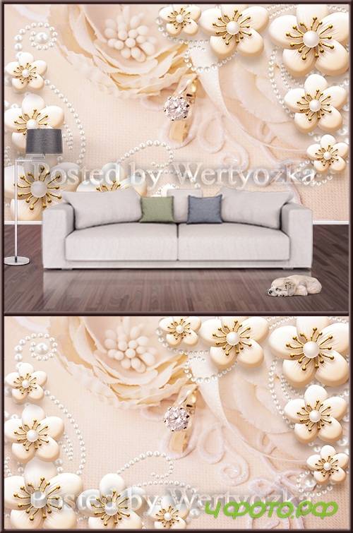 3D psd background wall pearl jewelry and golden flowers
