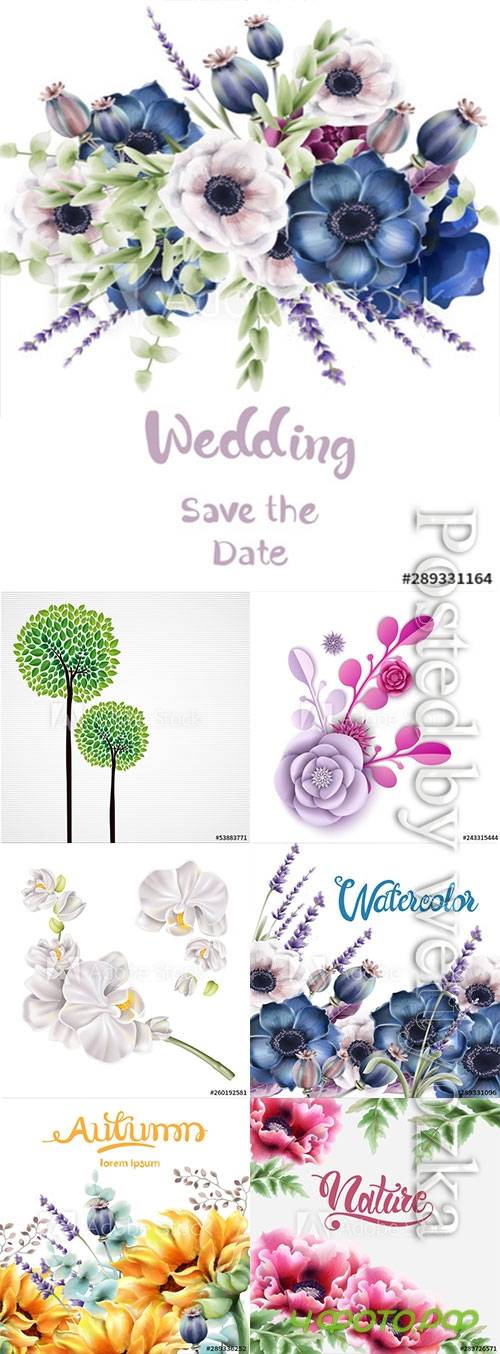 Beautiful varied flowers and leaves vector backgrounds