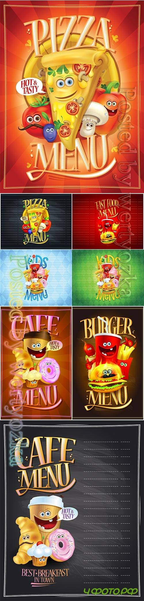 Kids menu list design concept with hot dog, burger, french fries, pizza, donut, ice cream, muffin and drink