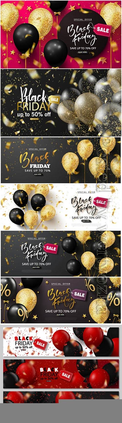 Black friday sale background with beautiful balloons and flying serpentine