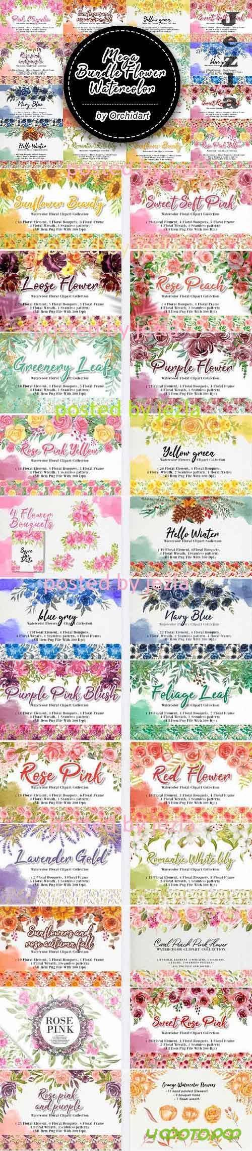 Mega Bundle Flower Watercolor - 24 Premium Graphics