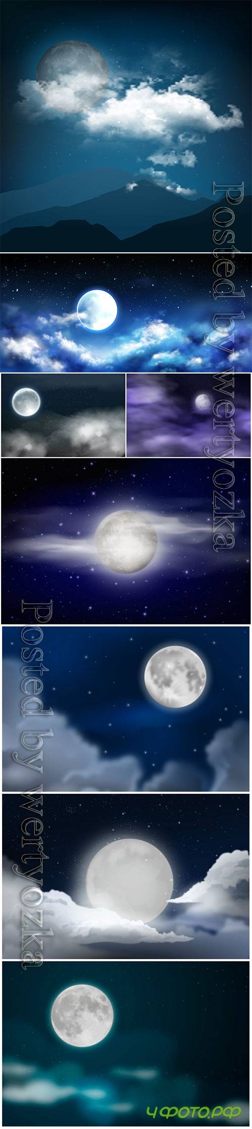 Moon, night sky, stars and clouds vector illustration