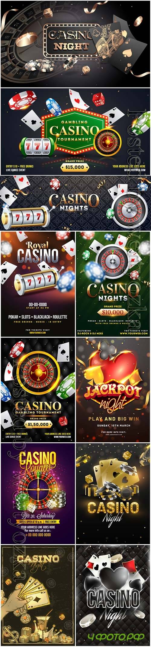 Advertising poster design, Casino Night text with casino chips, coins and playing cards illustration