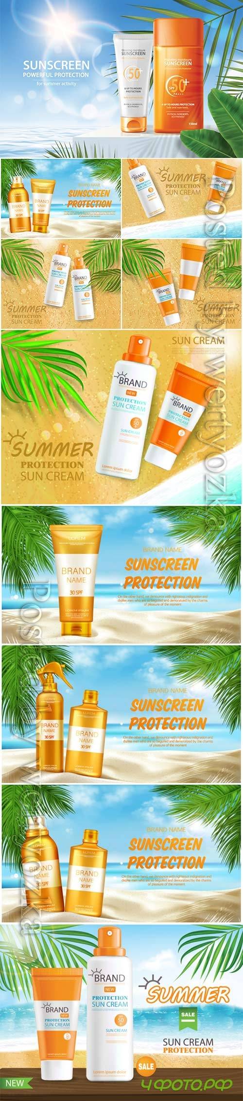 Sunscreen protection cosmetic, mock up banner vector illustration