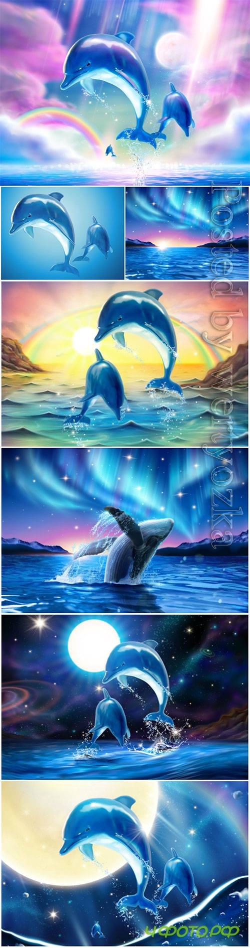 Dolphins in vector, marine landscape