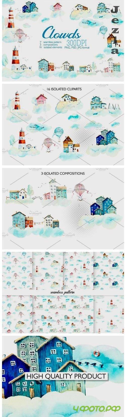 Watercolor houses in clouds - 4031732