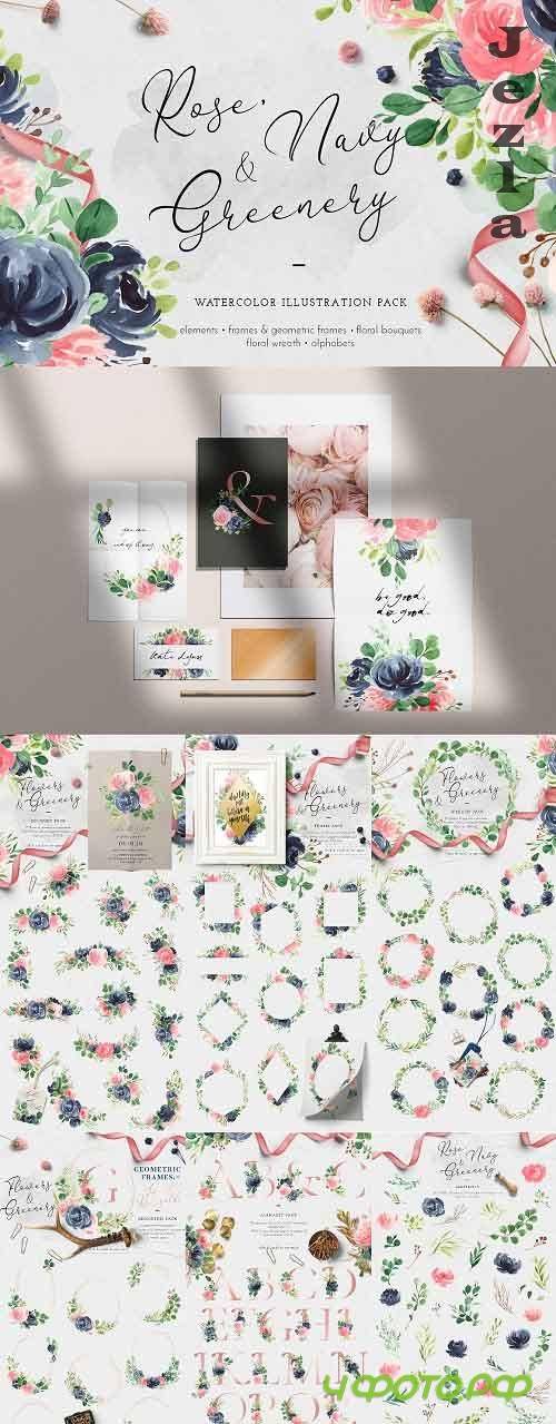 Rose, Navy & Greenery Illustration Pack - 4978852