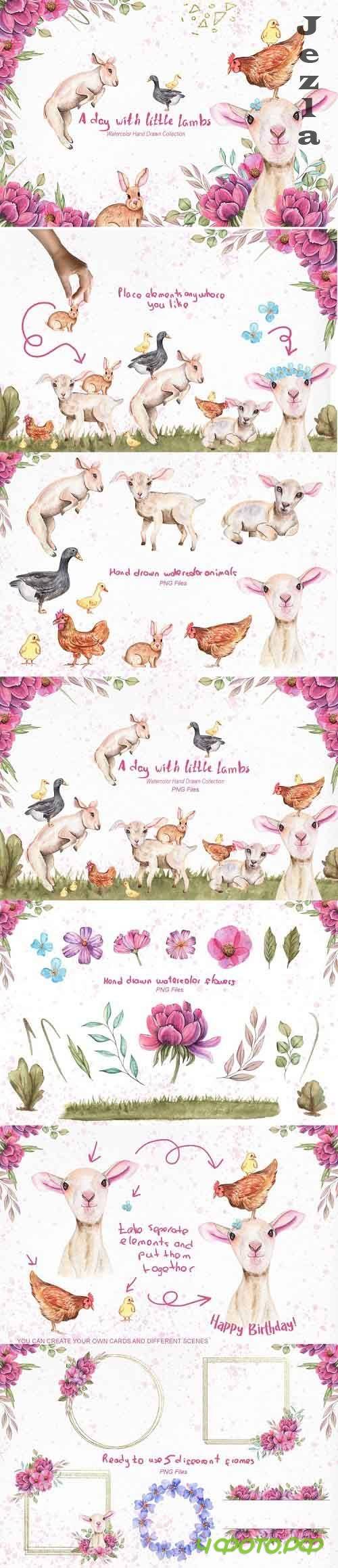 Watercolor Day with little Lambs  - 5004825