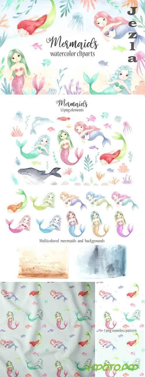 Watercolor Mermaids. Kids Cliparts - 5005688