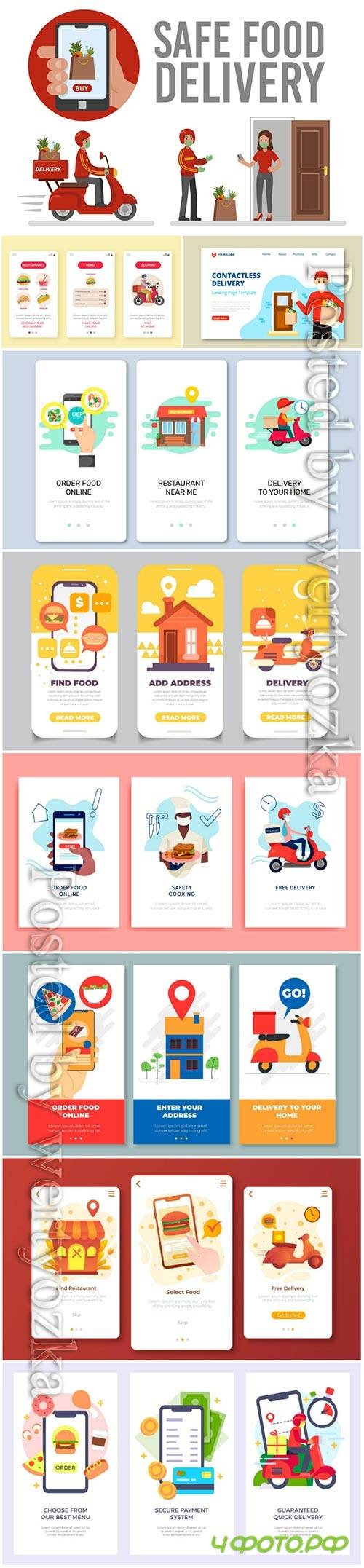 Food delivery app onboarding screens vector