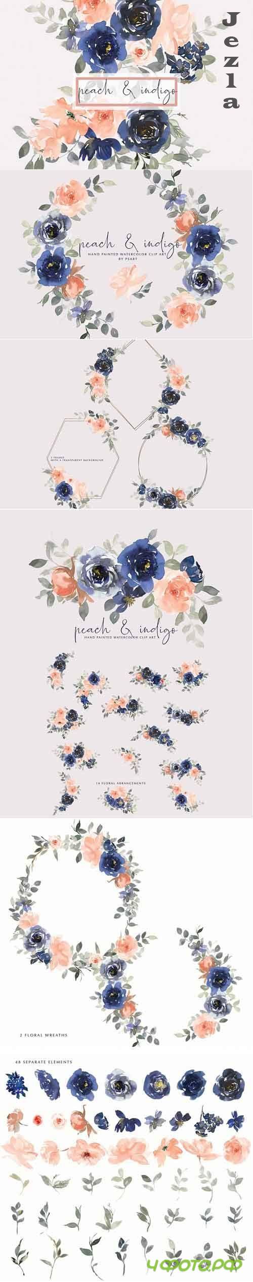 Watercolor Indigo and Peach Floral Bouquet Clipart - 661647