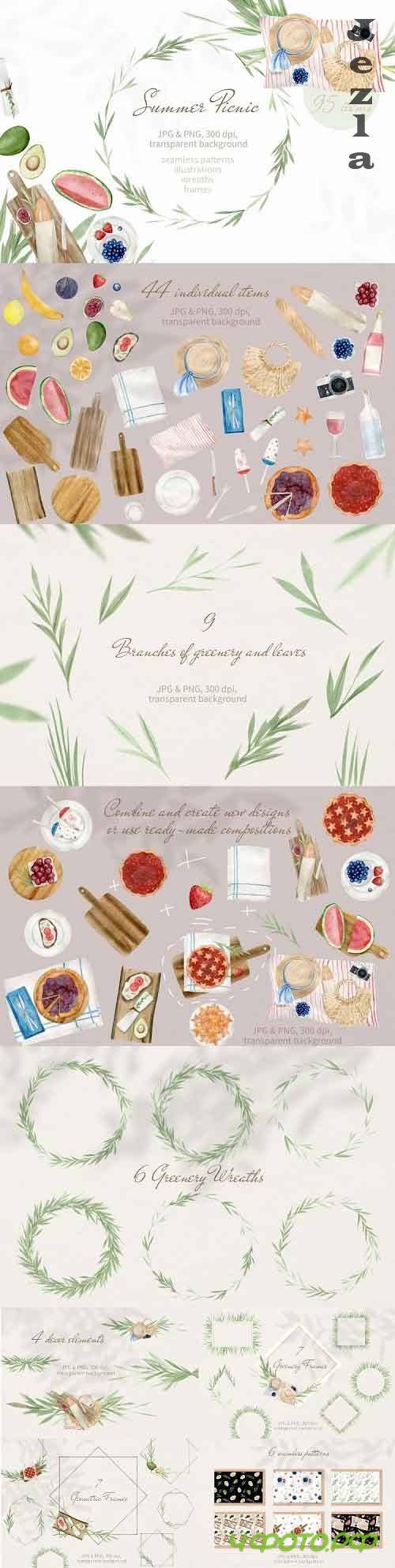 Summer Picnic Watercolor Clipart. Illustrations, Patterns - 661984 Summer Picnic Watercolor Clipart. Illustrations, Patterns - 661984