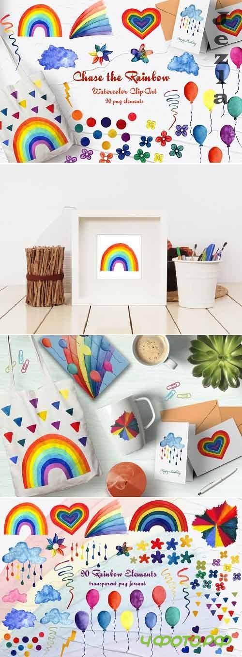 Chase the Rainbow Watercolor Clip Art. 600dpi - 541488