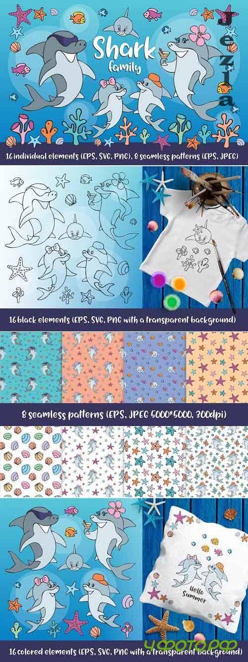 Shark family. Vector clip art and seamless patterns - 667966