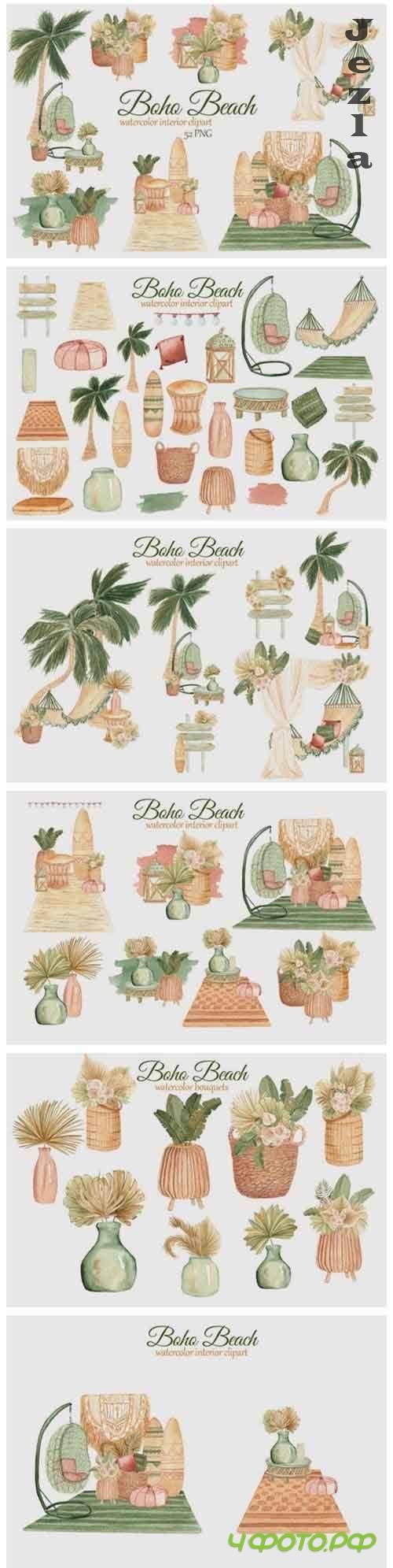 Boho Beach House Clipart. Watercolor boho interior clipart  - 704514
