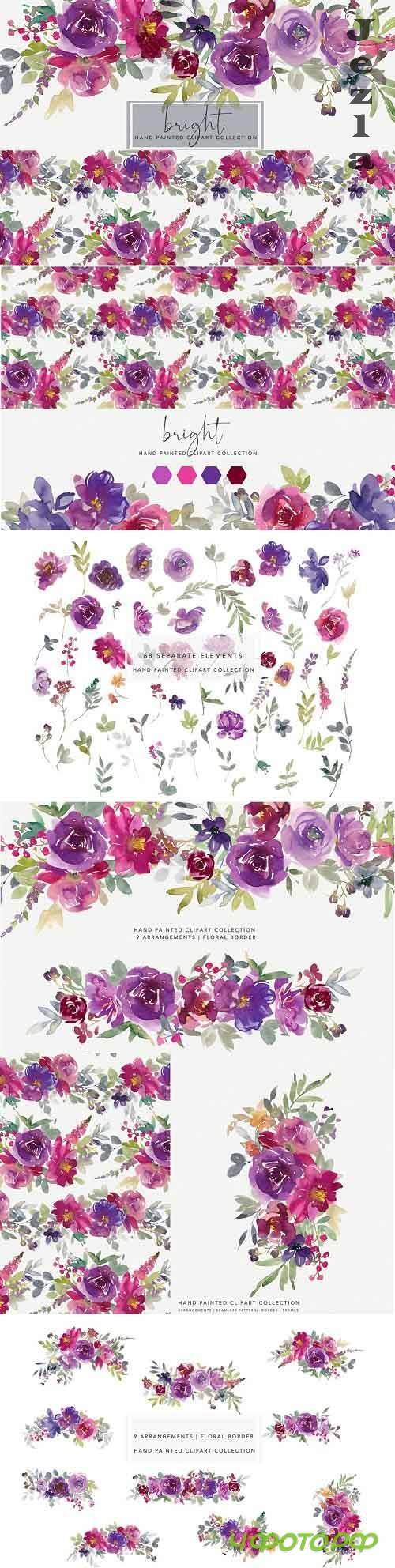 Purple and Magenta Watercolor Floral Clipart Set - 730786