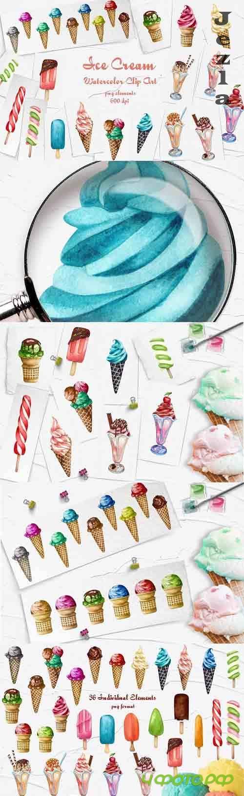 Ice Cream Watercolor Clip Art. PNG 600dpi  - 686992