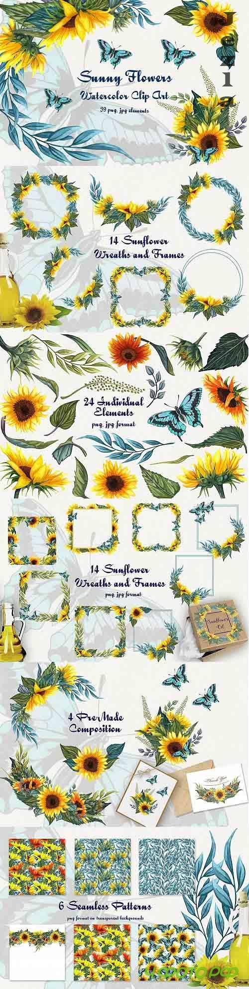 Sunny Flowers Watercolor Clip ARt  - 260853