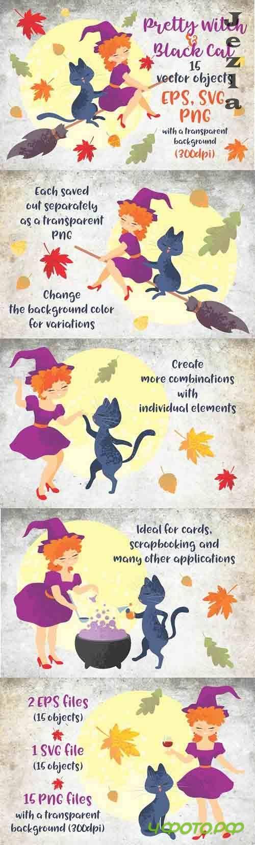Pretty witch and black cat. Halloween clip art - 746504