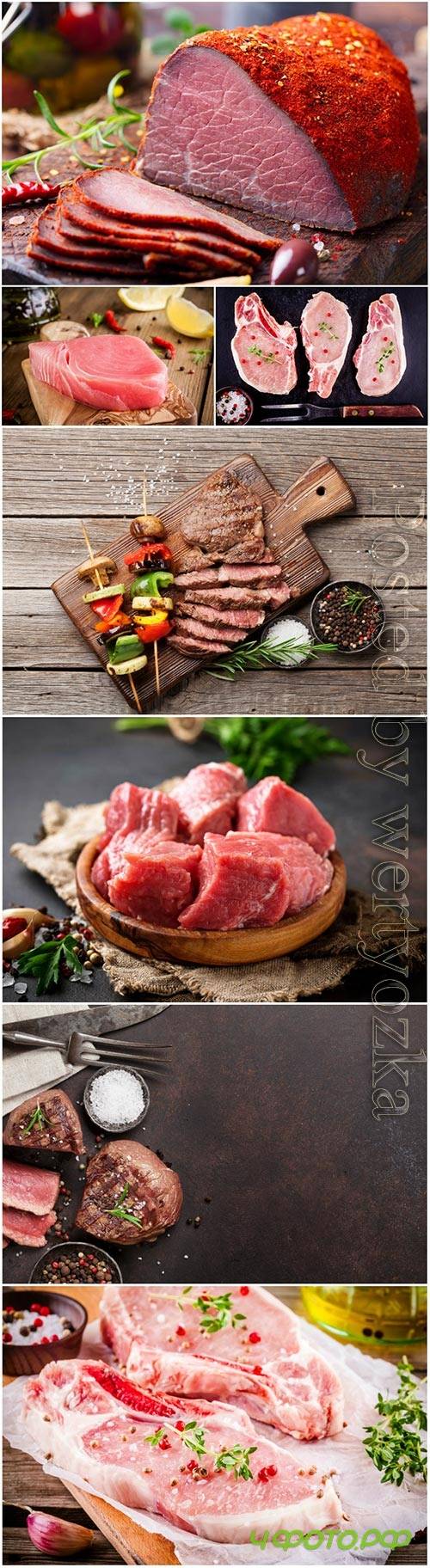Fresh raw meat, grilled vegetables and beef steak stock photo