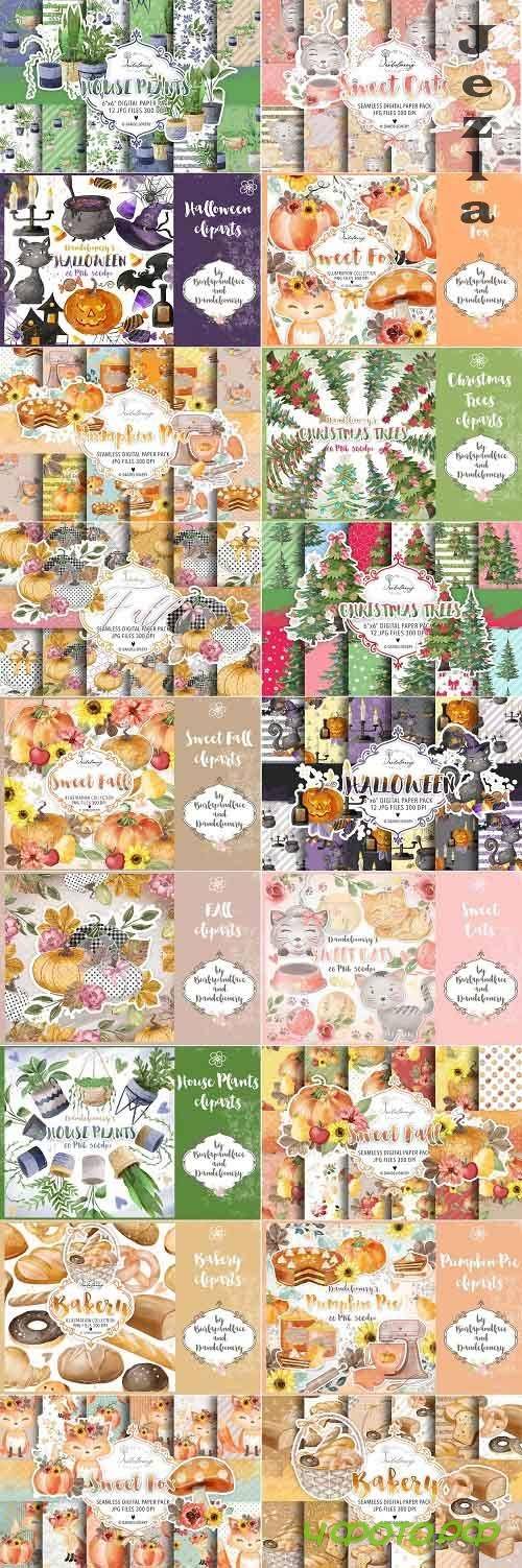 Digital Clipart and Paper pack Bundle - Bakery, Halloween, Christmas Trees, Home plant, Sweet Cats, Pumpkin Pie, Autumn leaves