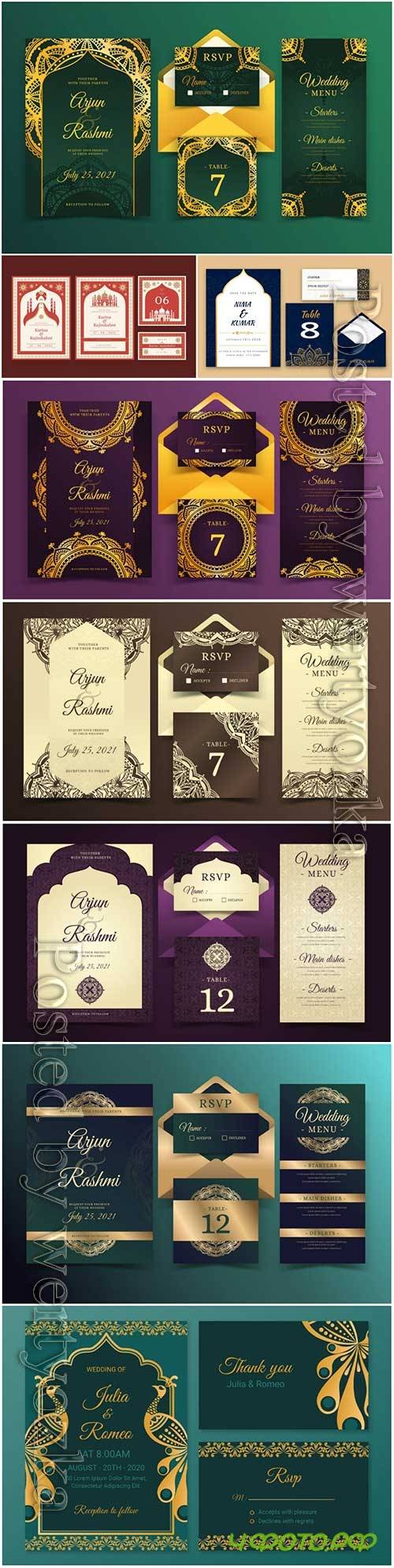 Elegant indian wedding stationery templates vector illustration