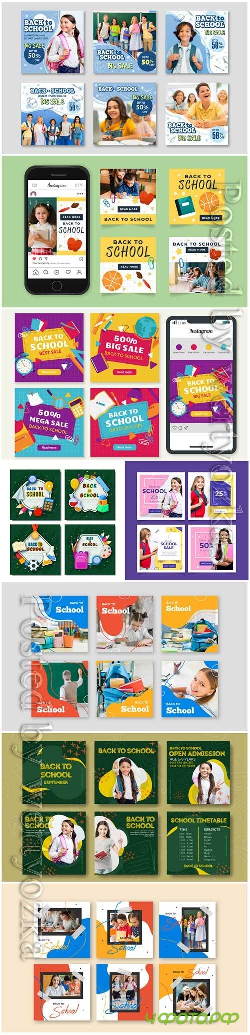 Hand drawn back to school instagram post collection vector illustration