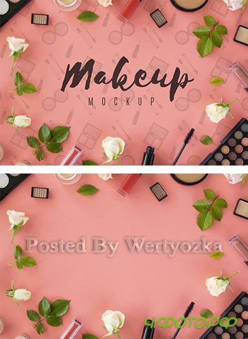 Top view arrangement with make-up products
