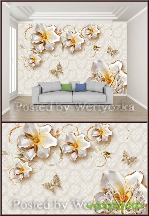 3D psd background wall golden jewels flowers