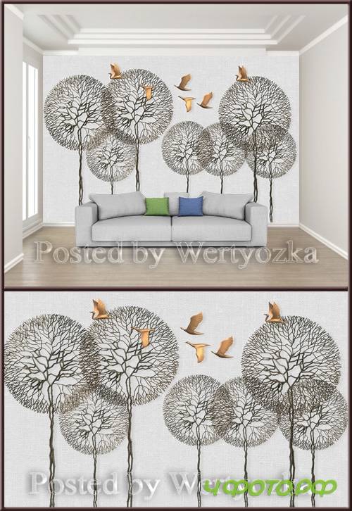 3D psd background wall embossed branches flying birds