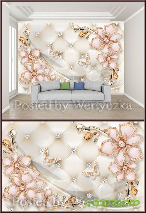 3D psd background wall diamond heart jewels_flower
